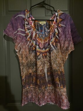 ONE WORLD Purple & Orange Printed Boho Peasant Top